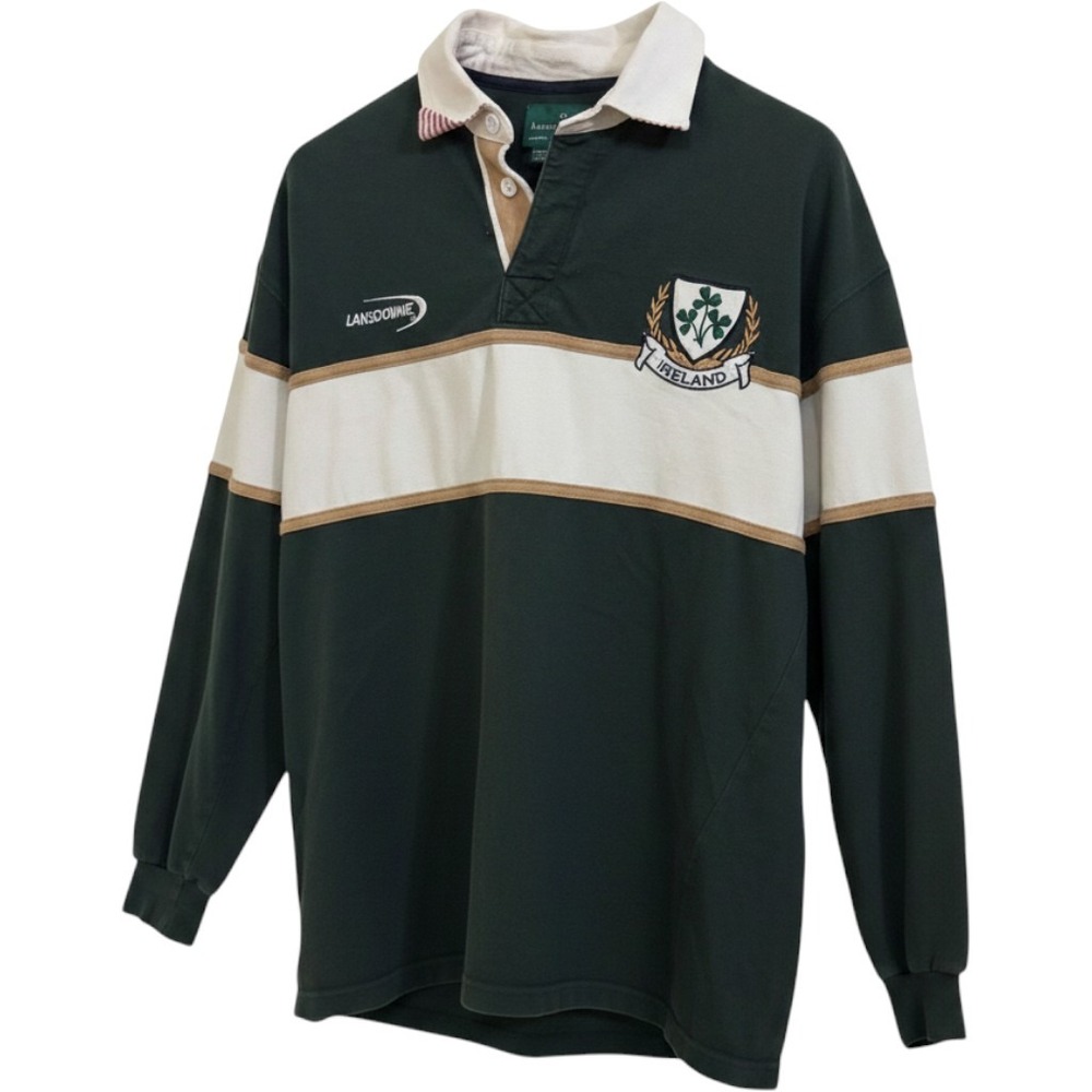Lansdowne Ireland Rugby Shirt Mens L Green White Stripe Long Sleeve Polo Preppy
